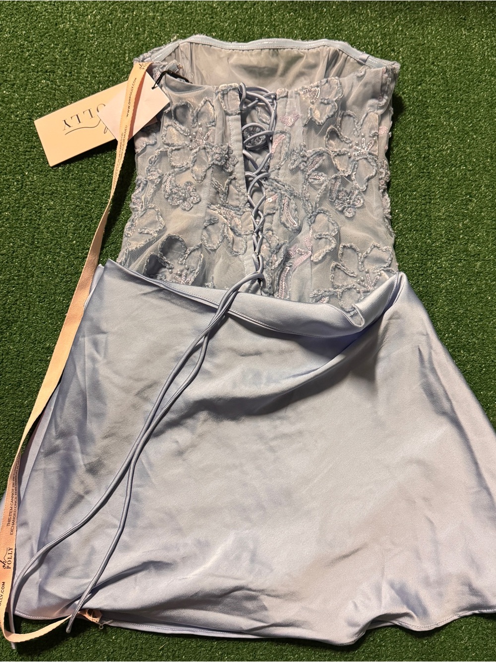 Oh Polly Strapless Lavender-Blue Embroidered Mini Dress - Picture 6 of 6